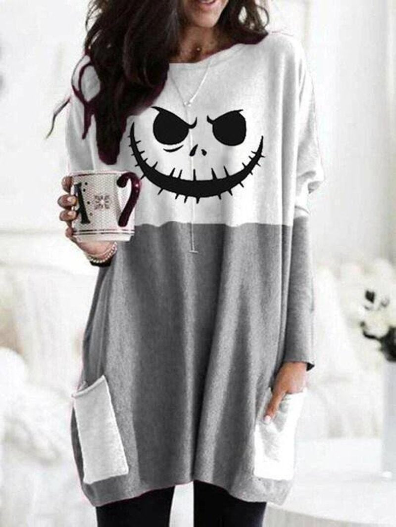 Round Neck Funny Print Long-sleeved Loose Long T-shirt