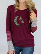 Autumn Moon Dragonfly Print Stripe Stitched Long Sleeve Crew Neck T-shirt