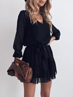 Black V-Neck Long Sleeve Dress