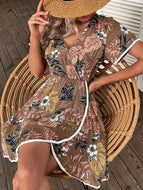 Elegant V-Neck Print Boho Resort Dress A-Line Skirt Women Waisted Mini Dresses