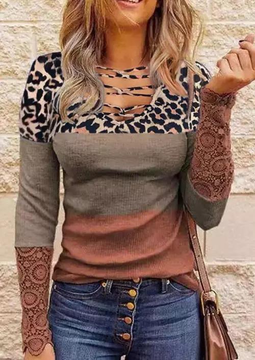 Lace Leopard Splicing Color Block Hollow Out Blouse