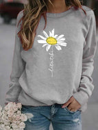 Sunflower Print Crew Neck Long Sleeve Fleece Sweatshirt