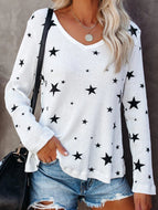 Star V-neck Printed Casual Long-sleeved T-shirt