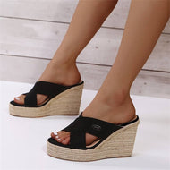 Bohemian Platform Hemp Wedge Crossover Roma Slides Slippers For Plus Size