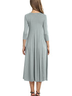 Women Comfortable Loose Round Neck Mid Sleeve Solid Color Swing Midi Dresses