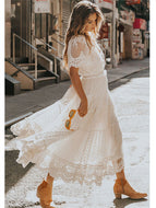 White V-Neck Short Sleeve Lace Dress Big Swing Patchwork Long Dresses For Women