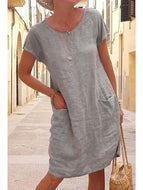 Loose Solid Pocket Short Sleeve Crew Neck Cotton Linen Dress