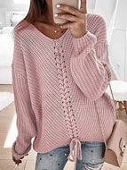 Women's Casual Fashion Loose V-neck Drawstring Sweater