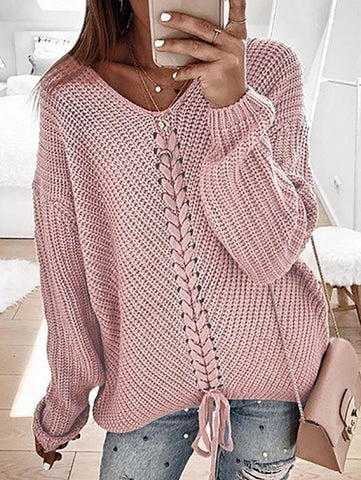 Women's Casual Fashion Loose V-neck Drawstring Sweater