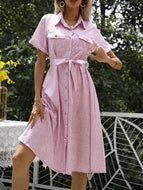 Summer New Small Floral Lapel Button Short-sleeved Straps Waist Temperament Shirt Dress