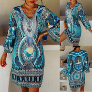 Spring and Autumn New Women's Ethnic Style Printed Long-sleeved V-neck Casual Dress