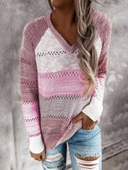 Autumn/Winter New Color Matching Hollow Loose V-neck Sweater