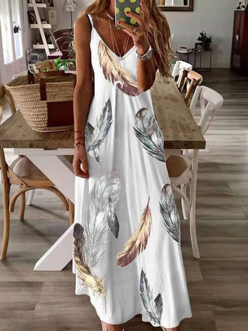 Solid Color Floral Leaf Pattern V-Neck Sleeveless Large Swing Casual Dress