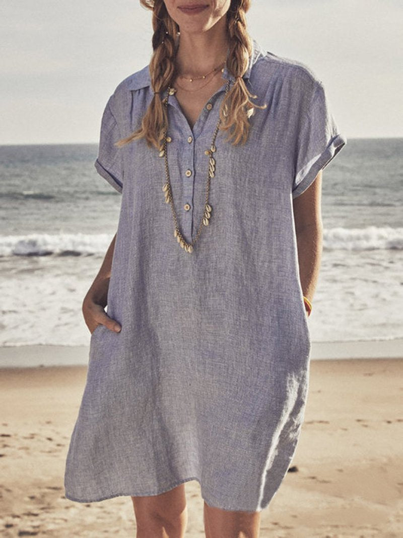 Short-sleeved Solid Color Cotton Linen Dress