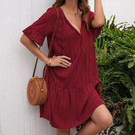 New Loose Casual Dress Half Sleeve Mid Length V Neck Dress