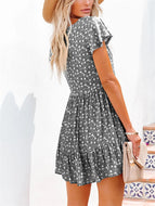 Sweet Style V-Neck Button Small Floral Short Sleeve Loose Casual Dress Loose Mini Dresses