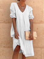 Cotton and Linen Women's Solid Color Fashion New Mid-length Sleeve Casual Mid-length Dress