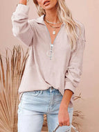 Casual solid loose zipper V-Neck long sleeve large loose pit stripe T-shirt