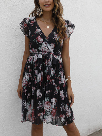 Summer V-neck Waist Floral Tie Waist Slim Dress