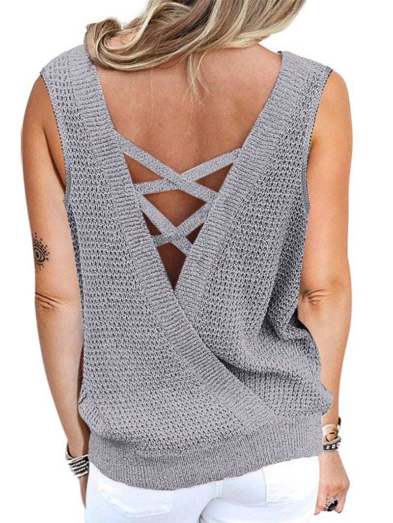 Waffle Deep V-neck Backless Sexy Undershirt Top