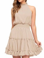 Women Solid Color Sleeveless Halterneck Pleated Waist Slim Cake Dress