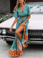 High Waist Lace V-neck Loose Large Skirt Dress Holiday Seaside Long Dresses Robes