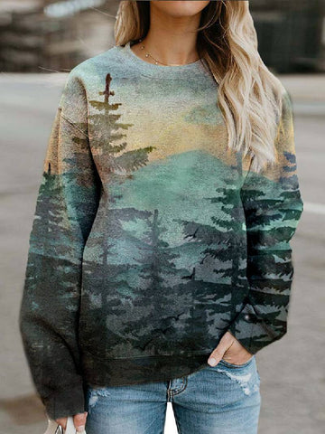 Forest Print Round Neck Long Sleeve Loose Sweater