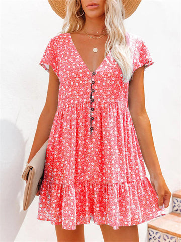 Sweet Style V-Neck Button Small Floral Short Sleeve Loose Casual Dress Loose Mini Dresses