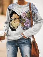 Casual Butterfly Print Round Neck Long Sleeve Top