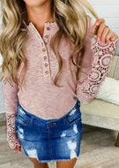 Lace Splicing Hollow Out Button Blouse - Pink