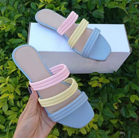 Square Toe Flat Bottom Simple Color Matching Beach Slippers Large Size Women's Shoes