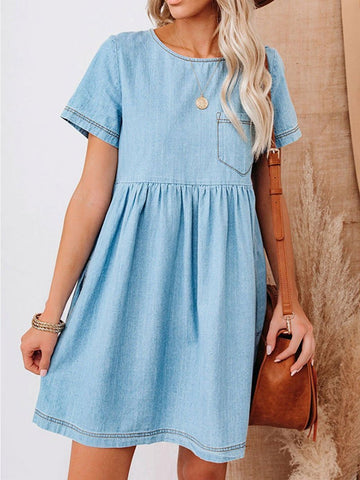 Loose Short Sleeve Denim Dress with Round Neck