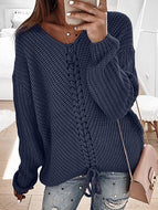 Women's Casual Fashion Loose V-neck Drawstring Sweater