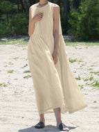 Cotton Linen Casual Pocket Solid Color Sleeveless Long Hem Dress