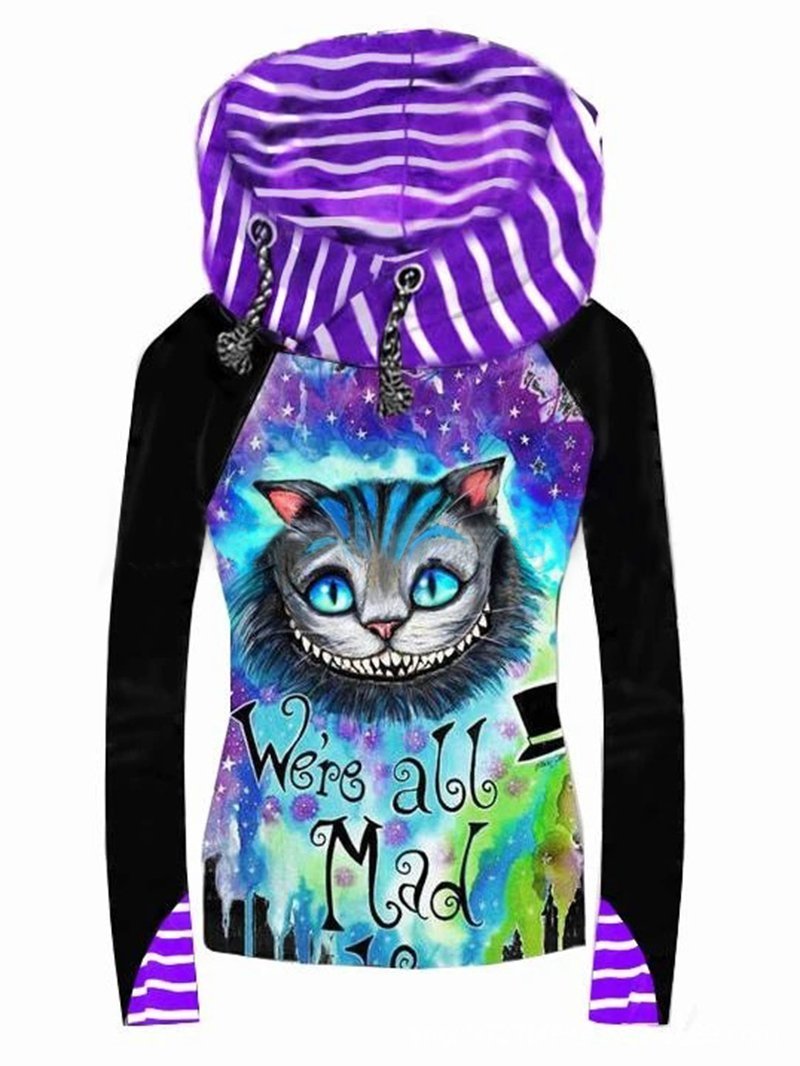 Cat Head Digital Print Hooded Long Sleeve Slim Women's Sweatshirt