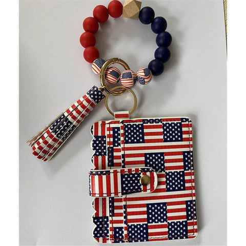 INS Style Silicone Bead Bracelet Keychain American Flag PU Tassel Card Bag Bracelet Bracelet Keyring