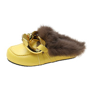 Metal Chain Lazy Slippers with Faux Fur