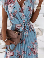 Women's Ruffle Short Sleeve V Neck Print Dress Fashipn Midi Dresses