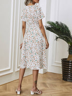 Summer V-neck Short-sleeved Small Floral Waist Slim Temperament Dress