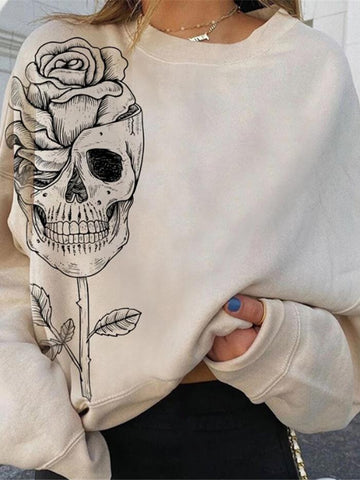 Monochrome Skull Print Round Neck Long Sleeve Pullover Sweatshirt