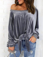 Women's Sexy Relaxed Bow Tie Long Sleeve Velvet Tops