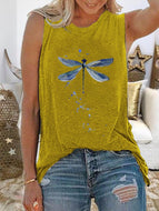 Casual Dragonfly Print Crew Neck Sleeveless Top