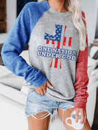 Loose Round Neck Printed Long-sleeved Color Block Sweatshirt