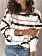 Women's Fashion Casual Metallic Striped Round Neck Knitted Sweater Shirt