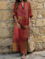 Patchwork Contrast Checkered V-Neck Loose Oversized Long Cotton Linen Dress