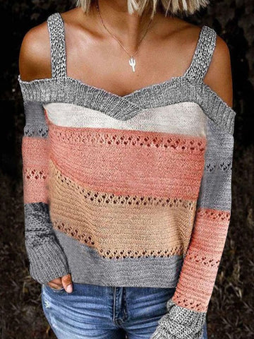 Sexy Strapless Strapless Color-blocking Long-sleeved Sweater