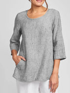 Round Neck Single Pocket Cotton And Linen Top