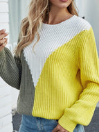 Women's Loose Stitching Contrast Color Knitted Round Neck Sweater