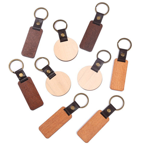 Personalized Letters Leather Wood Keychain Beech Keyring Wooden DIY Keychain