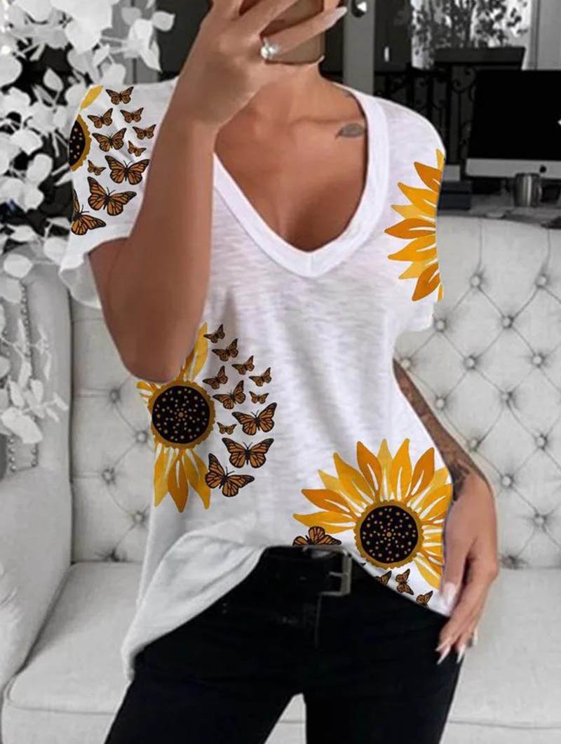 Sunflower Print Short-sleeved Round-neck T-shirt